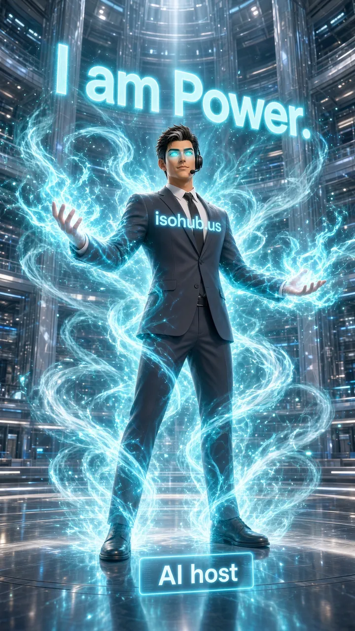 The ISO Hub AI host, an AI character labeled AI host, stands with arms open in swirling blue light under the words I am Power.