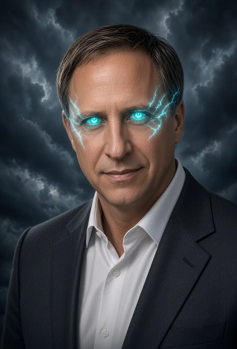 Jason Gentry, founder of ISO Hub, in a dark suit against a stormy sky. The glowing blue eyes are an added effect.